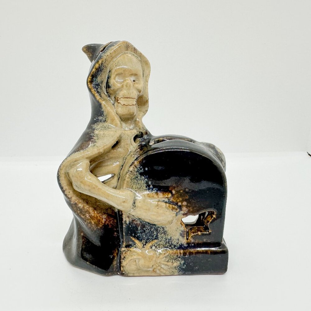 SOLD Ceramic Grim Reaper Skeleton Tea Light Holder Grave Tombstone Halloween